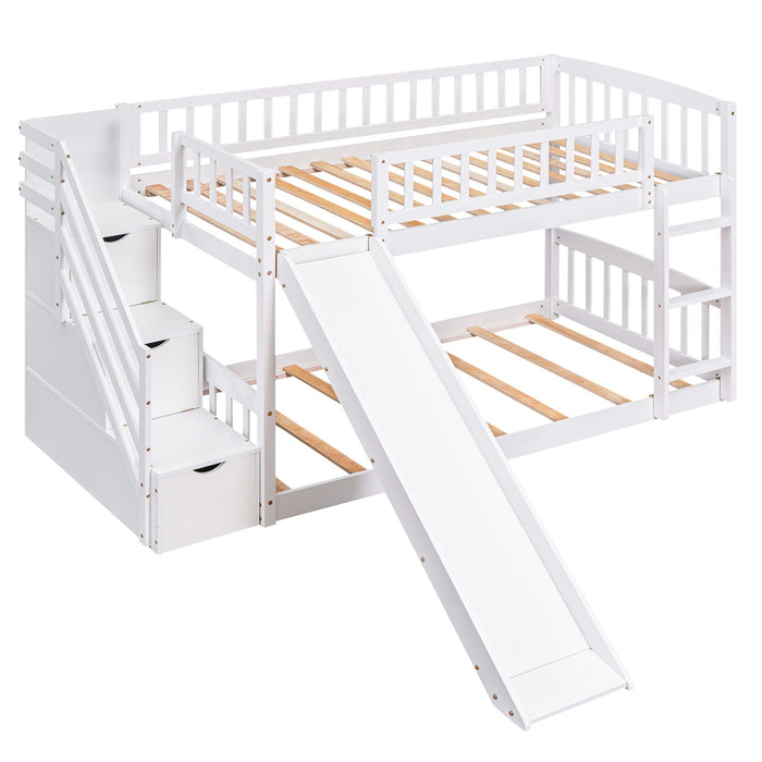 Twin Over Twin Stairway Bunk Bed With Two Drawers And Slide