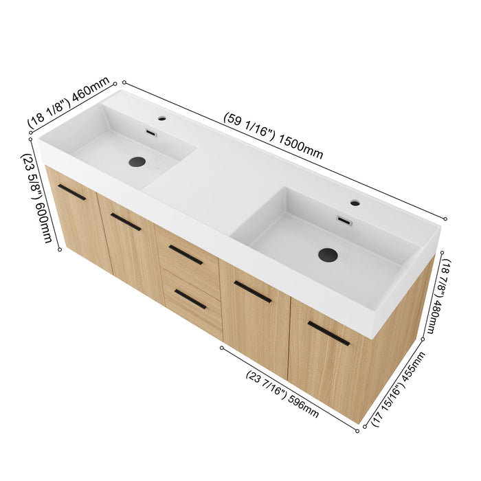 Floating Double Sink Bathroom Vanity Set With Tall Linen Cabinet, Drawers And Doors, Extra Large Storage, Integrated Sink, Soft Close Hardware - Glossy White / Light Oak