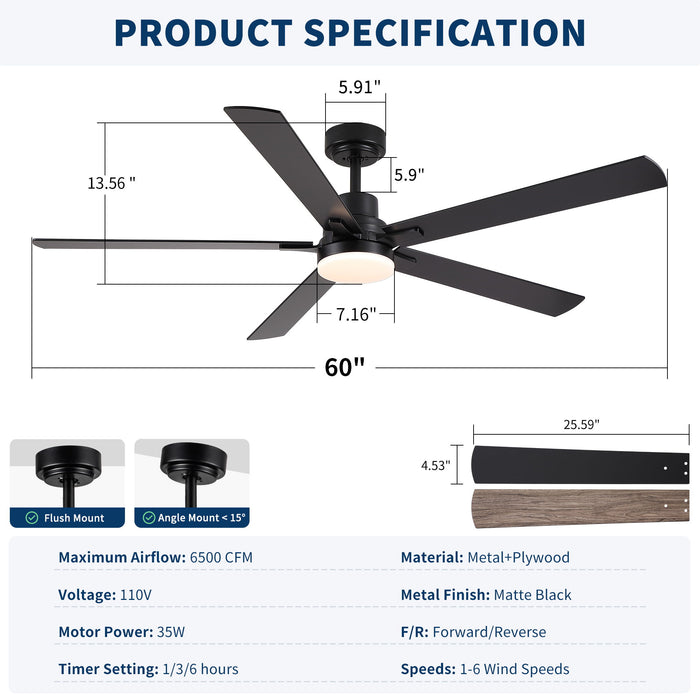 Ceiling Fan With Lights And Remot With Quiet DC Motor, 6 Speeds, Reversible Blades - Black