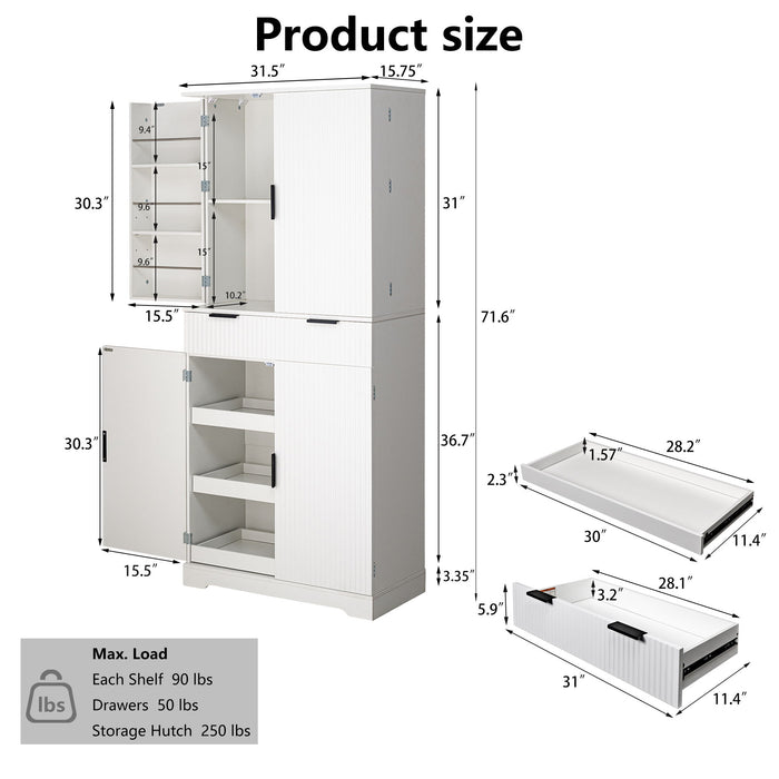 Fluted Kitchen Pantry Cabinet With 3 Keyboard Drawers & 6 Adjustable Door Shelves