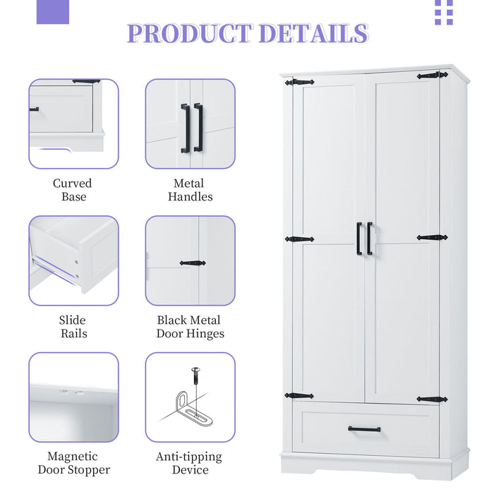 Tall Bathroom Storage Cabinet With 2 Doors And 2 Drawer, Adjustable Shelf - White