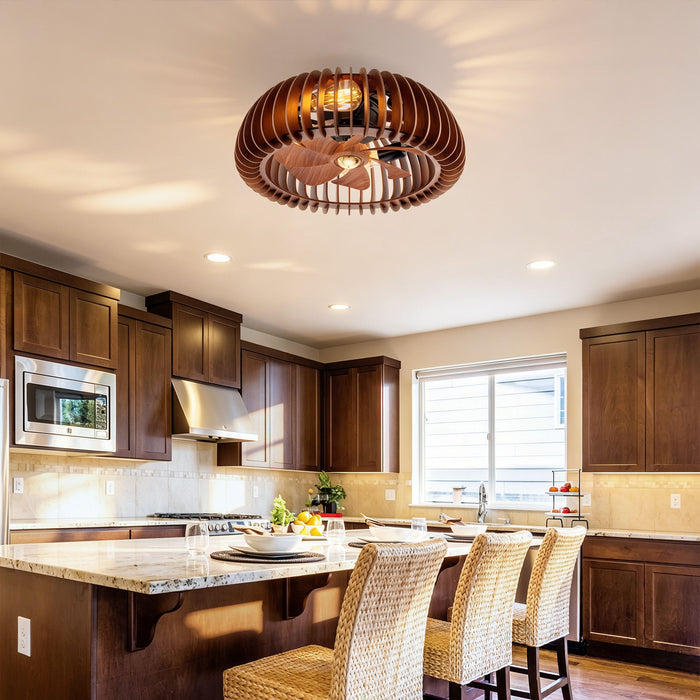 Semicircle Flush Mount Fan Light, (No Included Bulbs) And Remote Control, 6 Speeds, Quiet DC Motor For Living Room - Wood