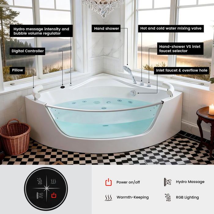 Korra - 2 Person Acrylic Corner Whirlpool Bathtub With Hydro Massage, Rainbow Light, Heater - Milk White