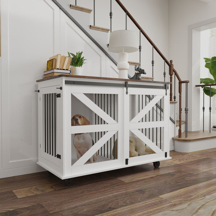 Mobile Dog Crate With Flip Top Feeding Door, Dual Access & 5 Caster System (2 Locking) - Brown White