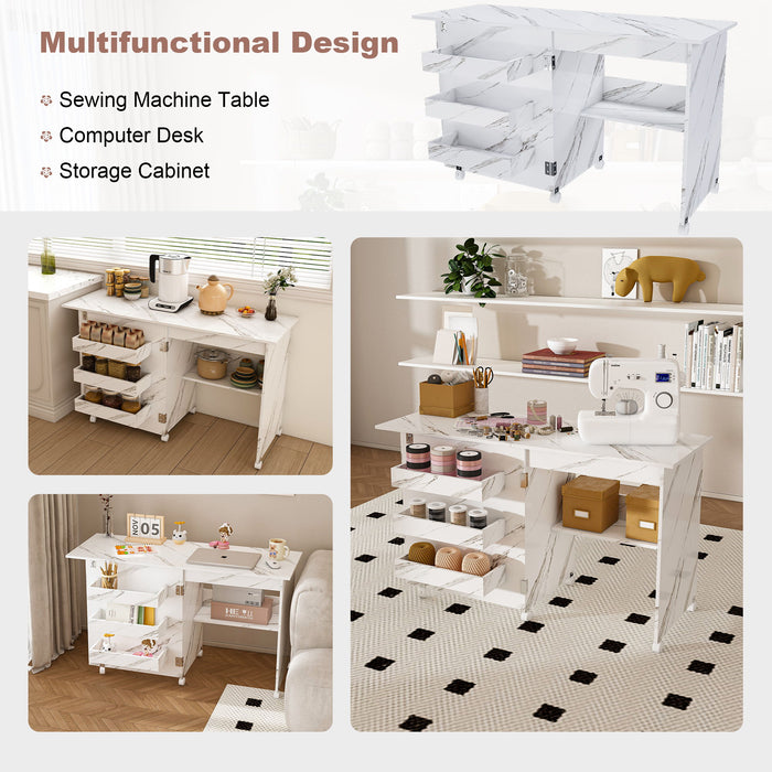 4 In 1 Folding Sewing Table With Lockable Wheels, Multi Functional Craft Station - White