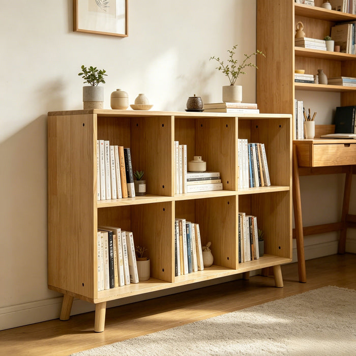 6 Cube Storage Shelf, Freestanding Open Bookcase With Legs Cubby Organizer For Living Room - Natural Wood