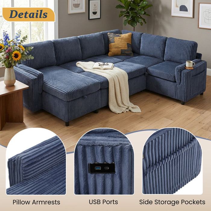 Convertible U-Shaped Sectional Sofa Bed With USB Ports And Storage
