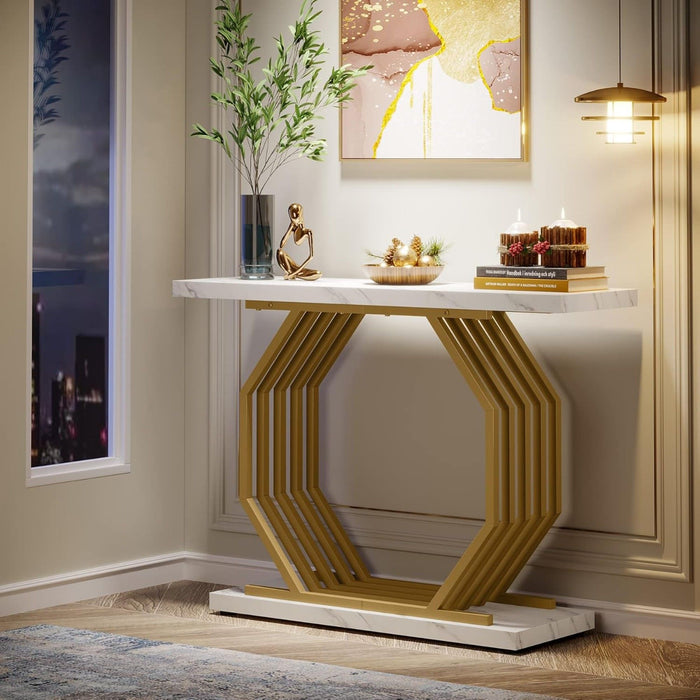Accent Entryway Console Table With Geometric Bas For Living Hallway - White / Gold