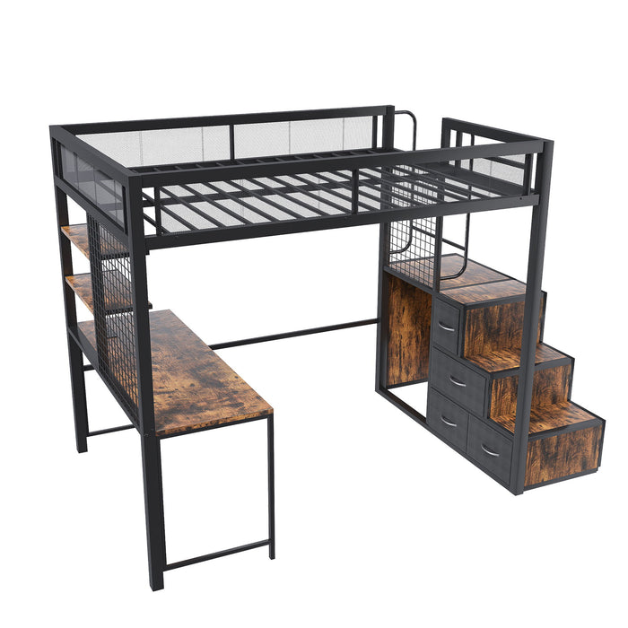 Heavy Duty Full Loft Bed With Desk & USB Charging Metal Frame With Storage Drawers And Staircase - Black