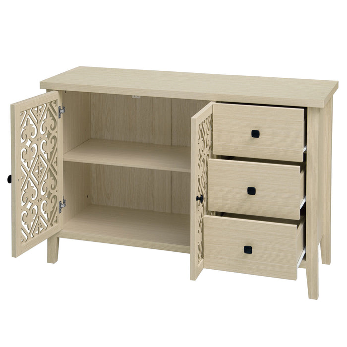 Hollowed Out Cabinet With 2 Door 3 Drawers, American Furniture, Suitable For Bedroom, Living Room, Study - Natural