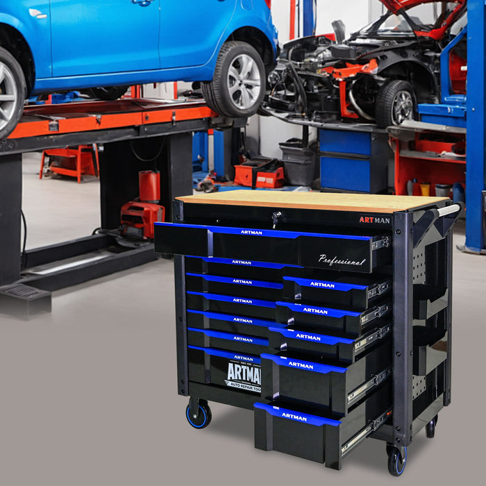 12 Layer Drawer Multi Purpose Tool Cart With Wheels And Wooden Countertops - Black / Blue