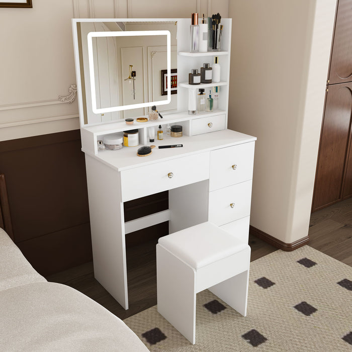 Vanity Desk With Mirror, 3 Color Lighting And Stool