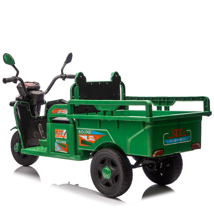 12V Kids Electric 3 Wheel Cargo Truck, 2Wd, Anti Slip Wheels, Large Storage, Extra Wide Seat With LED Lights & Music - Green