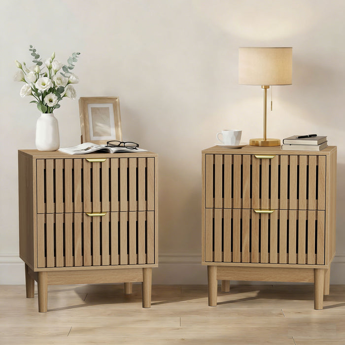 Bedside Table With Grille Design And 2 Drawers, Side Table For Bedroom - Oak
