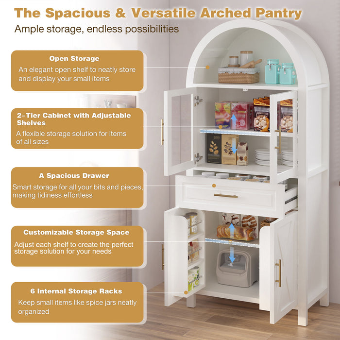 Arched Kitchen Pantry Cabinet With Adjustable Shelves & Barn Door Design