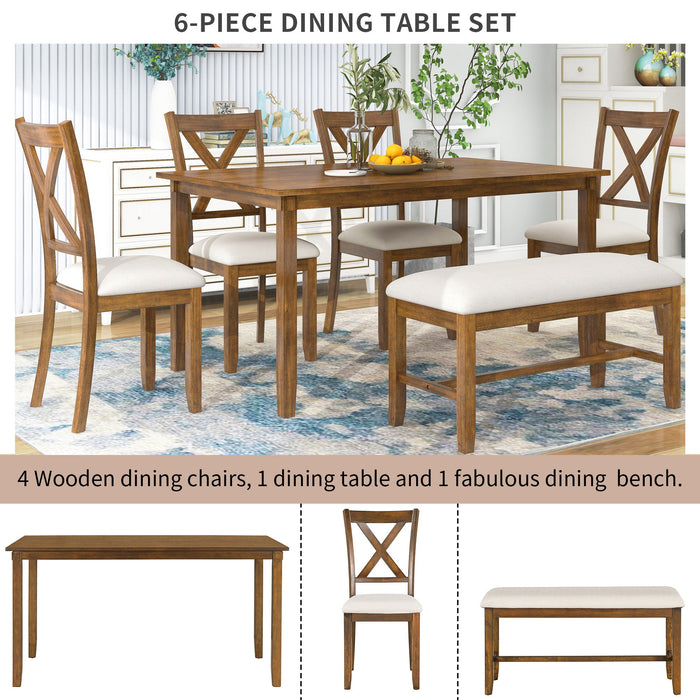 6 Piece Rectangular Dining Table Set With 4 Chairs And Bench