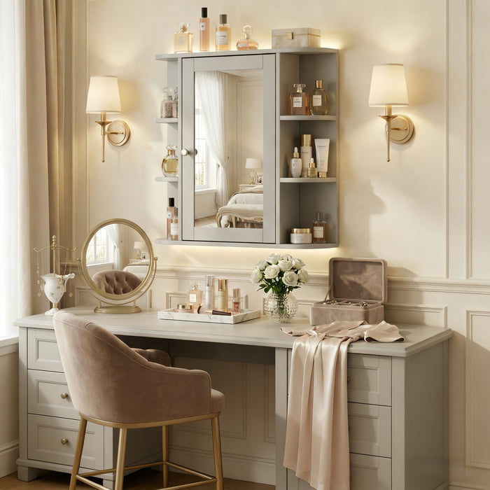 Bathroom Wall Storage Cabinet With Mirror And Adjustable Shelf, 6 Open Shelves