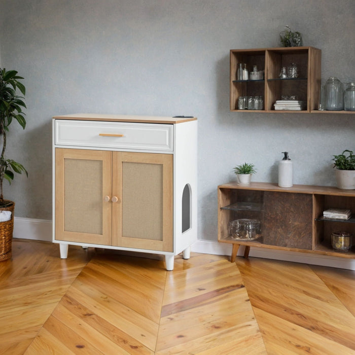 Pet Friendly Furniture Style Cat Litter Box House With Sisal Scratching Door And Charging Socket - Beige / White