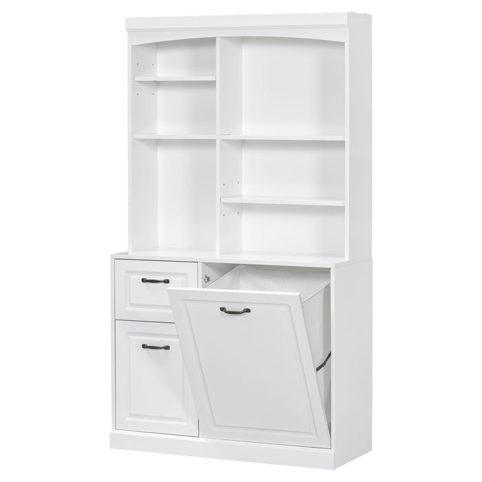 Bathroom Storage Cabinet With Tilt Out Hamper, Tall Free Standing Organizer With Drawers & Adjustable Shelves, Linen Tower With Steel Handles - White