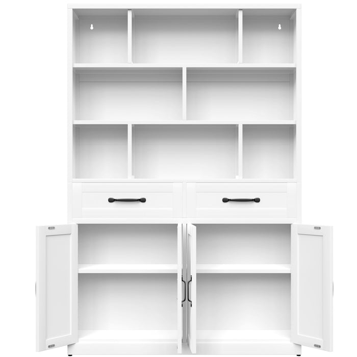 Bookcase Tall With 2 Doors & 2 Drawers, Fixed Open Shelves - White