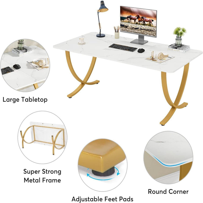 Large Rectangular Dining Table Kitchen Table With Geometric Legs - White / Gold