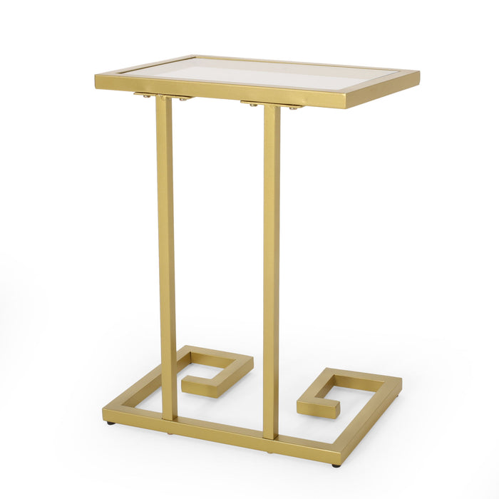 Modern Glam C Shaped End Table With Tempered Glass Top - Gold