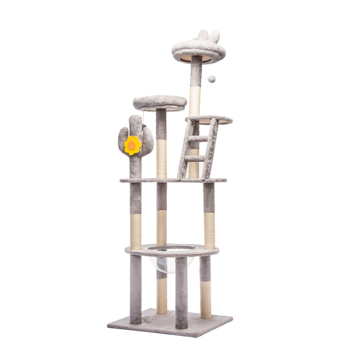 Cactus Cat Tree With Transparent Capsule, Sisal Scratching Posts - Gray