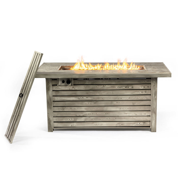 54" Propane Gas Fire Pit Table, 50000 Btu Rectangular Steel Fire Pit With Imitation Wood Grain For Outside Patio Deck Garden Courtyard - Light Beige