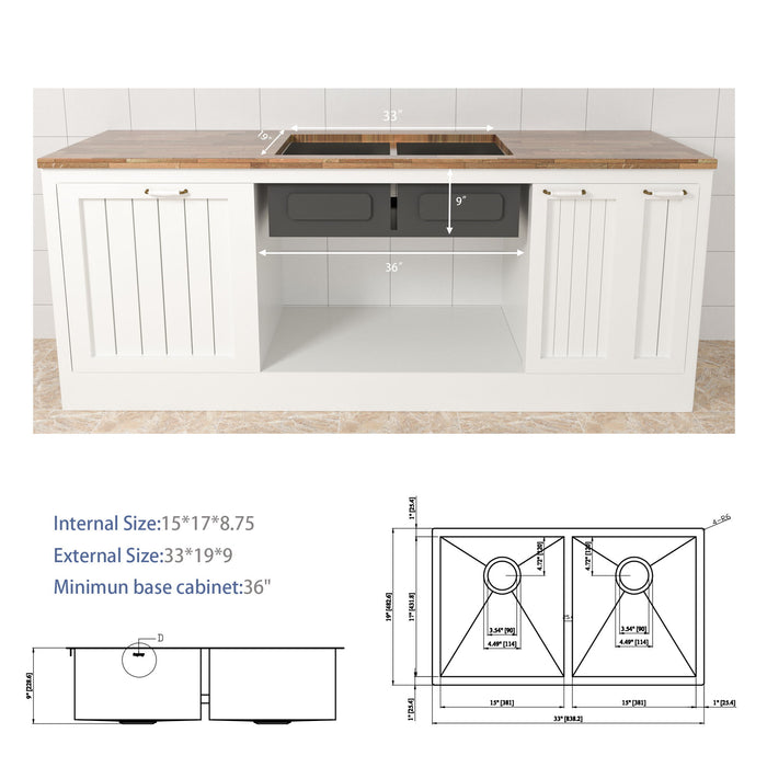 Undermount Double Bowl Kitchen Sink 16 Gauge With 9" Deep Basin - Brushed Nickel