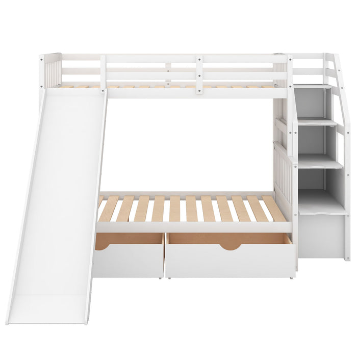Bunk Bed With Storage Staircase, Slide, Desk, Drawers, And Shelves