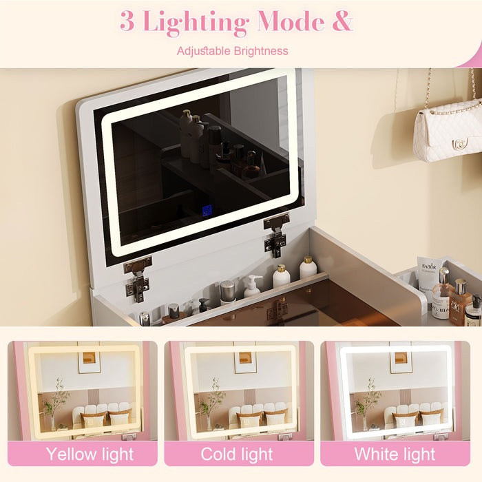 Flip Mirror Vanity Desk With Adjustable LED Lights & Stool For Bedroom