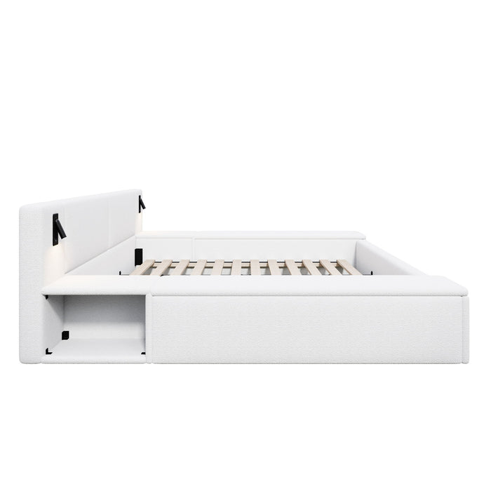 Upholstered Platform Bed Frame With Hidden Storage, Built-In Nightstands & LED Reading Lights