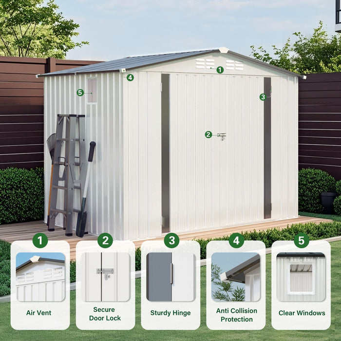 Outdoor Garden Storage Shed, Tool Shed With Pitched Roof Waterproof With 1 Window And 2 Lockable Door - White / Gray