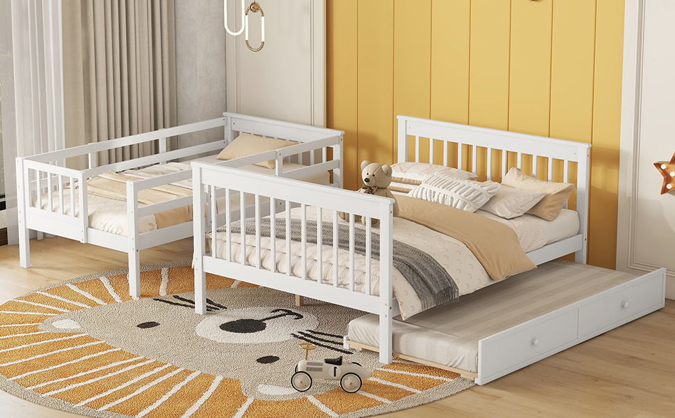 Bunk Bed With Twin Size Trundle, Storage And Guard Rail For Bedroom