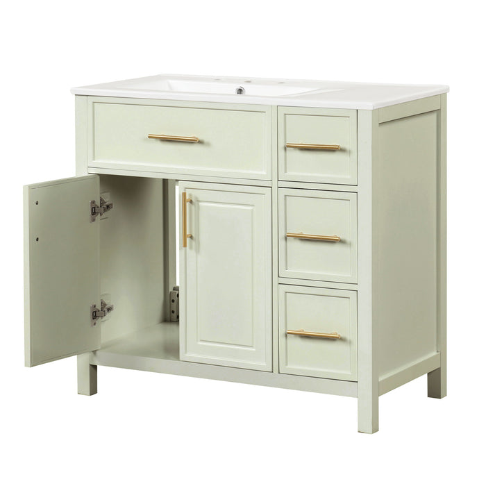36" Bathroom Vanity With Sink, 2 Doors, 3 Drawers, Rectangular - White