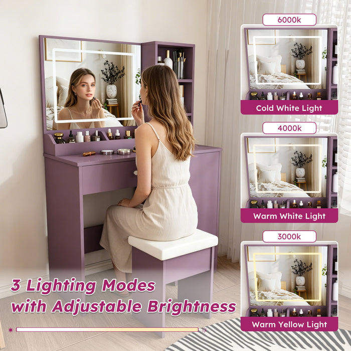 Vanity Desk Set With Padded Stool & Adjustable LED Mirror, 3 Color Mode Lighting, Compact For Bedroom - Purple