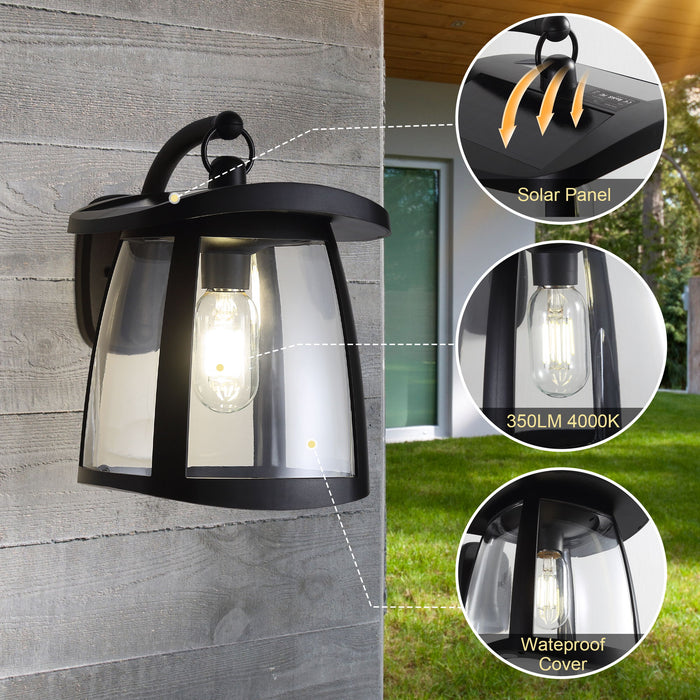 Waterproof Solar Wall Lanterns With 2 Solar Panels, 4 Lighting Modes, Outdoor Hanging Lights - Black