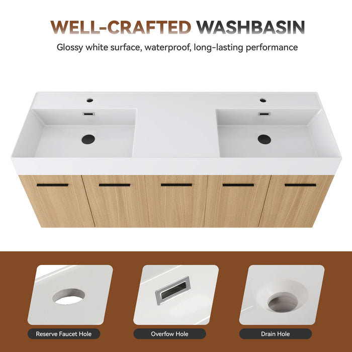 Floating Double Sink Bathroom Vanity With Extra Large Storage, Integrated Sink, Soft Close Doors, Wall Mounted Bath Vanity - Glossy White / Light Oak