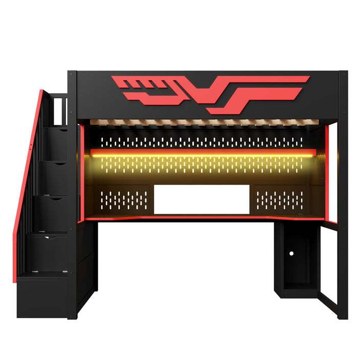 Full Gaming Loft Bed With Desk And Storage Staircase, LED Lights And USB - Red / Black