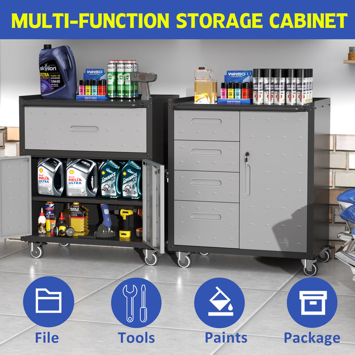 Sturdy Metal Tool Storage Cabinet With Wheels Durable Garage, Office & Home Organizer Steel