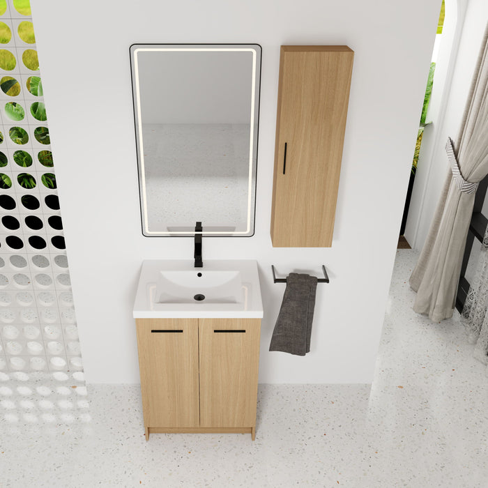 Freestanding Bathroom Vanity Set With Tall Linen Cabinet, Single Sink, Extra Storage, Soft Close Doors - Glossy White / Light Oak