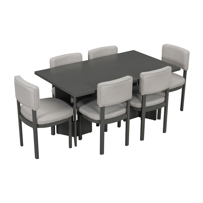 Dining Table Set With 6 Upholstered Chairs, Rectangular Table With Cutout Legs