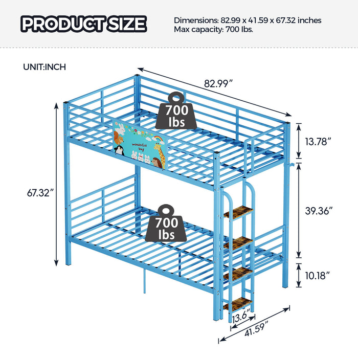 Bunk Bed, Convertible To 2 Separate Twin Size Beds With Full Length Guardrail & Ladder, No Box Spring Needed - Blue