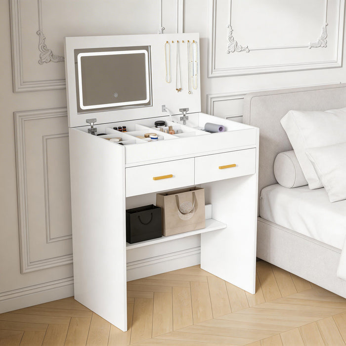 Flip Top Vanity Desk With LED Mirror & Outlet Makeup Table With 2 Drawers, Open Storage, And Jewelry Hooks - White