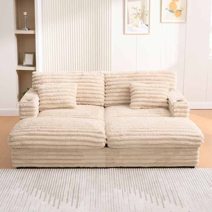 Plush Oversized Double Chaise Lounge Sofa Bed With USB Ports And Cup Holders