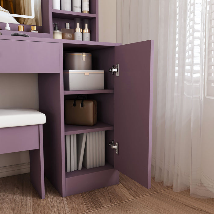 Vanity Desk Set With Padded Stool & Adjustable LED Mirror, 3 Color Mode Lighting, Compact For Bedroom - Purple