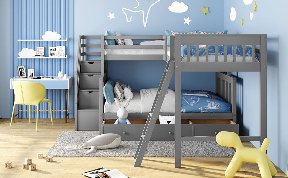 Solid L Shaped Bunk Bed With 3 Drawers, Ladder And Staircase