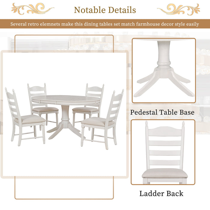 5 Piece Retro Functional Dining Table Set With Extendable Round Table And Upholstered Chairs