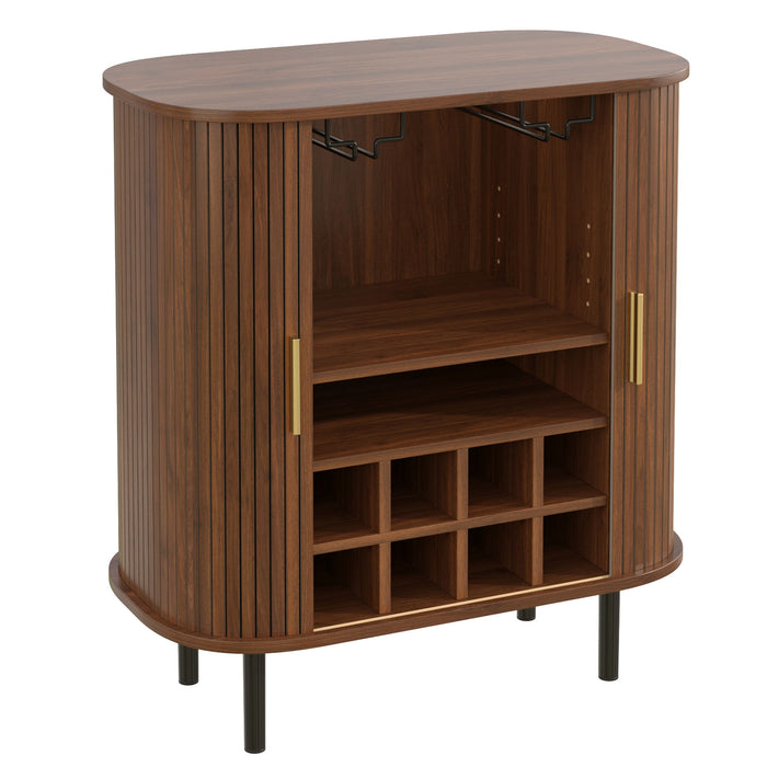 Fluted Wine Bar Cabinet With 8 Grid Wine Rack, 5 Level Adjustable Shelves, 2 Glass Holders
