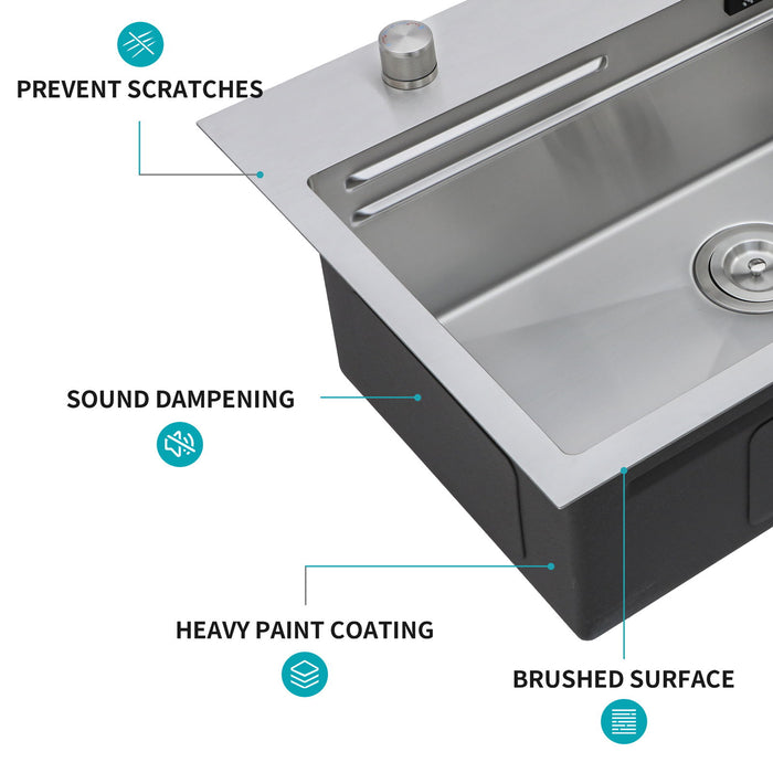 Drop In Waterfall Kitchen Sink With Pull Out Faucet & Cup Washer